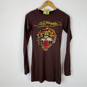 Ed Hardy Christian Audigier Brown Tiger Print Long Sleeve Tunic T-Shirt